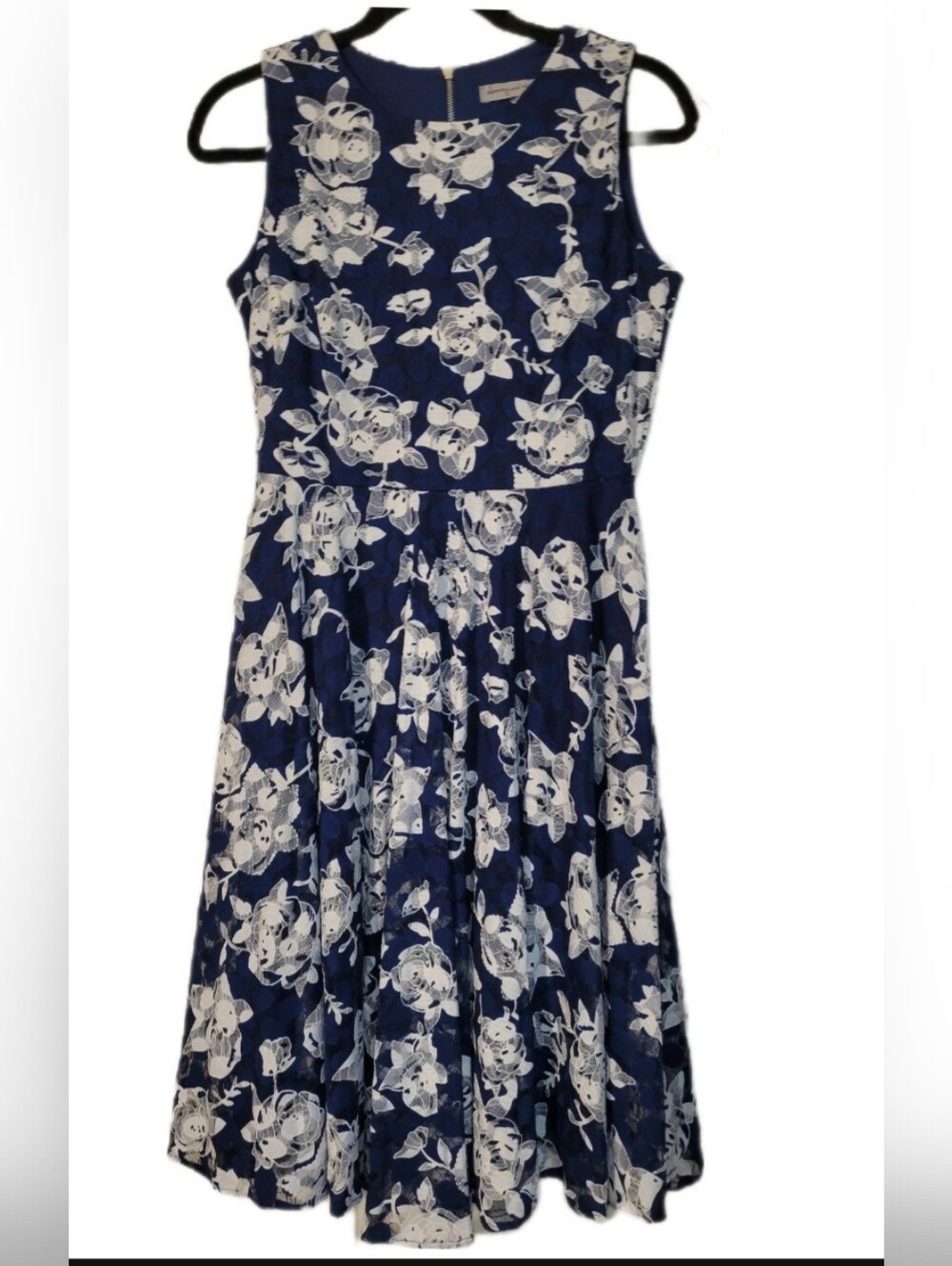 Danny And Nicole Navy White Floral Mesh Lined Fit Flair Dress Size 4 Sleeveless